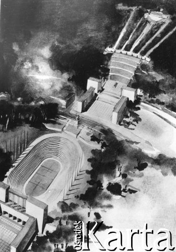1949, Uzbecka SRR, ZSRR.
Projekt architektoniczny stadionu (obrazek wykonany farbami i tuszem) autorstwa inż. Zygmunta Wzorka.
Fot. NN, zbiory Ośrodka KARTA, udostępniła Aniela Wzorek