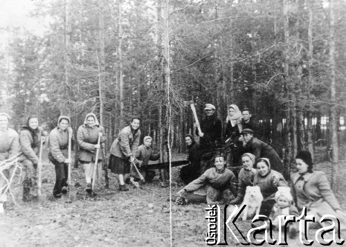 1942, Makinka, Akmolińska obł., Kazachska SRR, ZSRR.
Polacy na zesłaniu w Kazachstanie. Grupa ludzi w strojach roboczych z narzędziami do obróbki drewna na tle lasu. Czwarta od lewej Elżbieta Romanowska-Szulc (żona Franciszka Szulca).
Fot. NN, zbiory Ośrodka KARTA, udostępnił Franciszek Szulc.