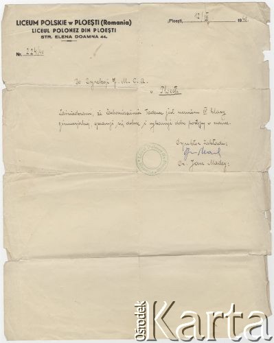 12.03.1940, Ploesti, Rumunia.
Zaświadczenie Liceum Polskiego w Ploesti. 
Fot. zbiory Ośrodka KARTA, udostępnił Tadeusz Gaydamowicz.