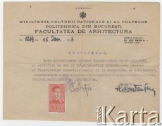 15.01.1943, Bukareszt, Rumunia.
Świadectwo Tadeusza Gaydamowicza  z drugiego roku studiów na Wydziale Architektury Politechniki w Bukareszcie.
Fot. zbiory Ośrodka KARTA, udostępnił Tadeusz Gaydamowicz.