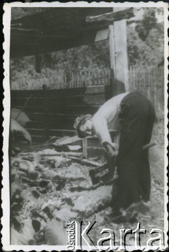Lipiec 1942, Campulung Muscel, Rumunia.
Polscy uchodźcy w Rumunii podczas II wojny światowej. Kolonie letnie dla polskich studentów. Rąbanie drewna.
Fot. NN, zbiory Ośrodka KARTA, udostępnił Tadeusz Gaydamowicz.