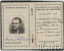 Lata 40., Bukareszt, Rumunia.
Legitymacja studencka Tadeusza Gaydamowicza z Wydziału Architektury Politechniki w Bukareszcie.
Fot. zbiory Ośrodka KARTA, udostępnił Tadeusz Gaydamowicz.