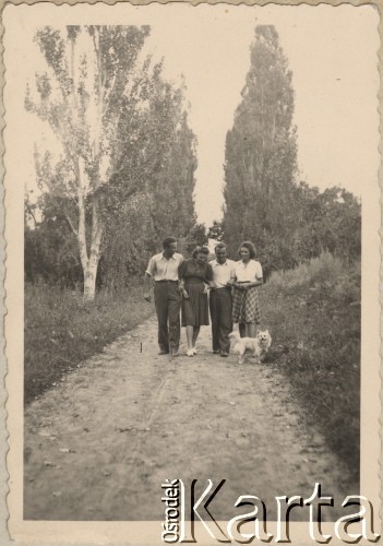 Wrzesień 1943, Kiszyniów, Rumunia.
Młodzi ludzie podczas spaceru. Od lewej: Valerian Gobjila, Claudia Bilencu, Tadeusz Gaydamowicz, Mila Gobjila,.
Fot. NN, zbiory Ośrodka KARTA, udostępnił Tadeusz Gaydamowicz.