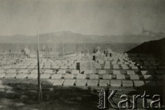 1944, Teheran, Iran.
Polski cmentarz. [Polscy uchodźcy trafili do Iranu w 1942 wraz z nowoutworzonym Wojskiem Polskim pod dowództwem generała Władysława Andersa (w dwóch rzutach ewakuacyjnych z ZSRR w marcu i sierpniu). W sumie oprócz wojska dotarło tam 38 tysięcy Polaków, z czego ponad połowę stanowiły dzieci i młodzież. W Teheranie powstały trzy obozy dla ludności cywilnej i sierociniec; stąd kierowano Polaków do stałych osiedli w różnych rejonach świata (np. w Nowej Zelandii, Ugandzie, Meksyku)].
Fot. NN, zbiory Ośrodka KARTA, kolekcja Adeli Duszy przekazała Halina Guść