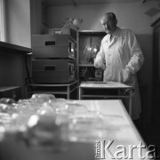 Lata 60., Warszawa, Polska.
Janusz Groszkowski, profesor elektroniki i radiotechniki Politechniki Warszawskiej i Polskiej Akademii Nauki w swojej pracowni.
Fot. Irena Jarosińska, zbiory Ośrodka KARTA
