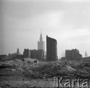 1954-1955, Warszawa, Polska
Ruiny kamienic przy ulicy Grzybowskiej, w głębi fragment synagogi Nożyków oraz Pałac Kultury i Nauki
Fot. Irena Jarosińska, zbiory Ośrodka KARTA