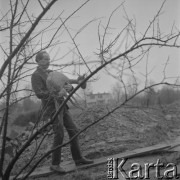 ok. 1969, Polska.
Rzeźbiarz Bronisław Chromy niesie rzeźbę.
Fot. Irena Jarosińska, zbiory Ośrodka KARTA.