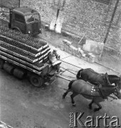 Lata 60., Warszawa, Polska.
Furmanka transportująca piwo Browaru Warszawskiego.
Fot. Irena Jarosińska, zbiory Ośrodka KARTA 
