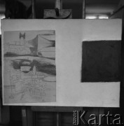 Ok. 1962, Polska.
Pracownia Andrzeja Strumiłły - obrazy na sztalugach.
Fot. Irena Jarosińska, zbiory Ośrodka KARTA