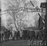 8.11.1970, Oświęcim, Polska.
Wizyta wicekanclerza i ministra spraw zagranicznych RFN Waltera Scheela (w środku, w kapeluszu i w ciemnym płaszczu) w byłym obozie koncentracyjnym. Towarzyszy mu m.in. więzień obozu, wieloletni dyrektor Muzeum w Oświęcimiu Kazimierz Smoleń (po prawej). Przechodzą przez bramę z hasłem 