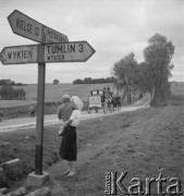 1958, okolice Tumlina, Polska.
Z okazji 400 rocznicy założenia Poczty Polskiej, trasą Kielce-Wrocław przejechał zabytkowy dyliżans pocztowy. Nz. zaprzęg pocztowy.
Fot. Irena Jarosińska, zbiory Ośrodka KARTA