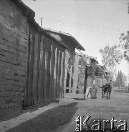 lata 70-te, Annopol, Warszawa, Polska
Kobieta wychodzi ze swojej posesji.
Fot. Irena Jarosińska, zbiory Ośrodka KARTA