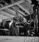 lata 50-te, Warszawa, Polska
Centrala nasienna na Okęciu - mechaniczne napełnianie worków nasionami.
Fot. Irena Jarosińska, zbiory Ośrodka KARTA