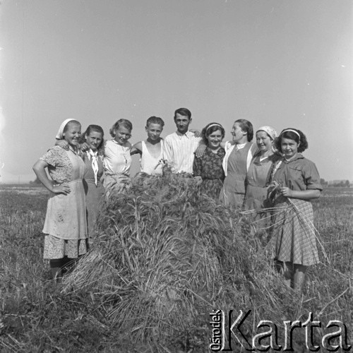 1953, Spółdzielnia Produkcyjna Dębno, okolice Łańcuta, Polska
Brygada polowa przy snopku pszenicy
Fot. Irena Jarosińska, zbiory Ośrodka KARTA