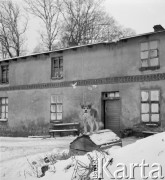 lata 50-te, okolice Starogardu Gdańskiego, Polska
Pies przed budunkiem dawnych czworaków.
Fot. Irena Jarosińska, zbiory Ośrodka KARTA