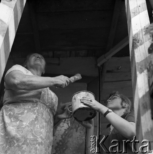 1971, Kraków, Polska.
Ogródki działkowe, n/z działkowcy ozdabiają altanę.
Fot. Irena Jarosińska, zbiory Fundacji Ośrodka KARTA
