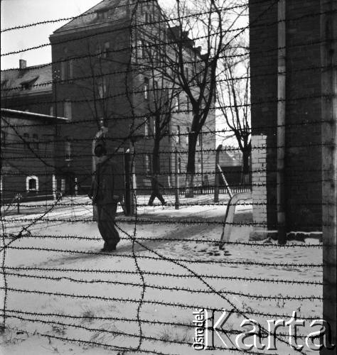 Zima 1958, Iława, Polska.
Centralne Więzienie. Na pierwszym planie ogrodzenie z drutu kolczastego, za nim stoi więzień.
Fot. Irena Jarosińska, zbiory Ośrodka KARTA