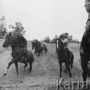 Lata 60., okolice Piotrkowa Trybunalskiego, Polska.
Kursanci podczas jazdy konnej na obozie jeździeckim.
Fot. Irena Jarosińska, zbiory Ośrodka KARTA