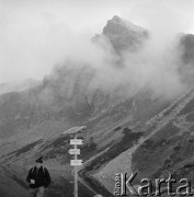 4.-5.06.1964, Tatry, Polska.
Stanisław Pieniążek, partner I. Jarosińskiej stoi przy kierunkowskazie wskazującym szlak turystyczny do Kościelca, Zawratu i Przełęczy Karb. Zdjęcie wykonano podczas wyprawy górskiej sir Johna Hunta, angielskiego alpinisty i kierownika zdobywczej wyprawy na Mount Everest w 1953 r.
Fot. Irena Jarosińska, zbiory Ośrodka KARTA
