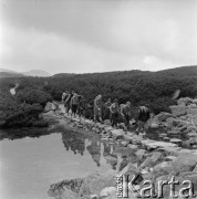 4.-5.06.1964, Tatry, Polska.
Angielski alpinista i kierownik zdobywczej wyprawy na Mount Everest w 1953 r. sir John Hunt (5. z prawej) z grupą polskich taterników podczas wyprawy w góry.
Fot. Irena Jarosińska, zbiory Ośrodka KARTA
