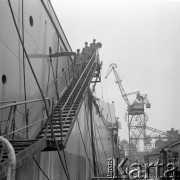 Lato 1967, Gdańsk, Polska.
Studenci zagraniczni odbywają praktykę zawodową w okresie wakacyjnym w Stoczni Gdańskiej. 
Fot. Irena Jarosińska, zbiory Ośrodka KARTA