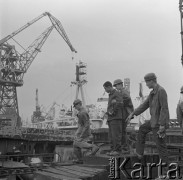 Lato 1967, Gdańsk, Polska.
Studenci zagraniczni odbywają praktykę zawodową w okresie wakacyjnym w Stoczni Gdańskiej. 1. z prawej Stein Pettersen z Norwegii, 2. student z Egiptu Mikhail Shahir.
Fot. Irena Jarosińska, zbiory Ośrodka KARTA