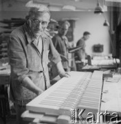 Lata 60., Kalisz, Polska.
Pracownicy Fabryki Fortepianów i Pianin „Calisia”. Na pierwszym planie prawdopodobnie Gustaw Arnold Fibiger (III), Główny Konstruktor instrumentów, do 1953 r. dyrektor fabryki.
Fot. Irena Jarosińska, zbiory Ośrodka KARTA