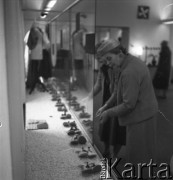 Lata 50., Warszawa, Polska.
Klientka ogląda buty w salonie Cepelii przy ul. Rutkowskiego (obecnie Chmielna).
Fot. Irena Jarosińska, zbiory Ośrodka KARTA