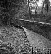 1959, Puławy, Polska.
Zespół pałacowo-parkowy książąt Czartoryskich, ukształtowany na przełomie XVIII i XIX w. wg koncepcji Izabeli ks. Czartoryskiej w stylu krajobrazowym angielskim, n/z fragment murów fosy koło Świątyni Sybilli.
Fot. Irena Jarosińska, zbiory Fundacji Ośrodka KARTA