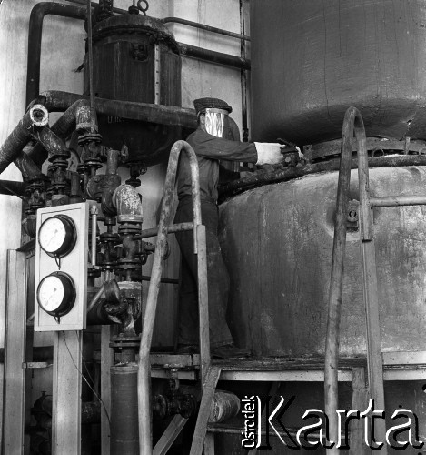 1954, Józefów, Polska.
Mazowieckie Zakłady Przemysłu Drożdżowego, n/z pracownik przy kadzi.
Fot. Irena Jarosińska, zbiory Fundacji Ośrodka KARTA