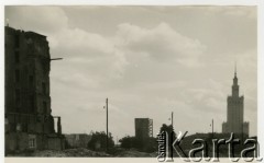 1955-1960, Warszawa, Polska.
Panorama Śródmieścia. W centrum budynek przedwojennej PAST-y przy ul. Zielnej, po prawej nowo wybudowany Pałac Kultury i Nauki.
Fot. Irena Jarosińska, zbiory Ośrodka KARTA