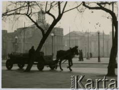 Lata 50., Warszawa, Polska.
Furmanka na pl. Zwycięstwa (obecnie pl. marsz. Józefa Piłsudskiego). W głębi po prawej gmach Zachęty.
Fot. Irena Jarosińska, zbiory Ośrodka KARTA