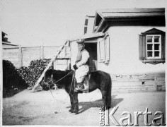 1913, Mongolia. 
Mongoł w zamożnym stroju na mongolskim koniku.
Zdjęcie pochodzi z albumu z podróży Zdzisława i Konstancji Poklewskich-Koziełł, Janusza i Natalii Łosiów oraz Stanisława i Julii Rosenwerthów do Mongolii w 1913 roku. 
Fot. Zdzisław Poklewski-Koziełł, zbiory Ośrodka KARTA, przekazała Hanna Kunachowicz