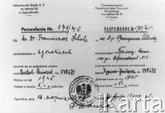 13.08.1945, Zgorzelec (Gorlitz), Polska.
Pozwolenie na posiadanie roweru wystawione na nazwisko księdza Franciszka Scholza. Dokument w językach polskim i rosyjskim podaje markę pojazdu oraz informuje o pobraniu opłaty w wysokości 5 zł.
Fot. NN, z dziennika dr Franciszka Scholza, udostępniła Elżbieta Buława.
