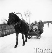 Styczeń 1958, Augustowo, pow. Bielsk-Podlaski, woj. Białystok, Polska.
Mężczyzna z dwójką dzieci jedzie saniami zaśnieżoną drogą.
Fot. Romuald Broniarek, zbiory Ośrodka KARTA