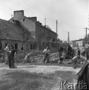 Maj 1958, Piaseczno, woj. Warszawa, Polska.
Budowa ulicy, robotnicy układają bruk.
Fot. Romuald Broniarek, zbiory Ośrodka KARTA
