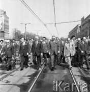 1.05.1975, Warszawa, Polska. 
Obchody święta 1 Maja, przedstawiciele władz państwowych w pochodzie, idą od lewej: Henryk Jabłoński, Józef Kępa, Edward Gierek i Piotr Jaroszewicz.
Fot. Romuald Broniarek/KARTA
