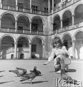 Sierpień 1960, Kraków, Polska.
Dziewczynka karmi gołębie na dziedzińcu Zamku Wawelskiego.
Fot. Romuald Broniarek/KARTA