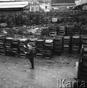 Grudzień 1964, Warka, Polska.
Wytwórnia win i koncentratów owocowych, skrzynki na placu.
Fot. Romuald Broniarek/KARTA