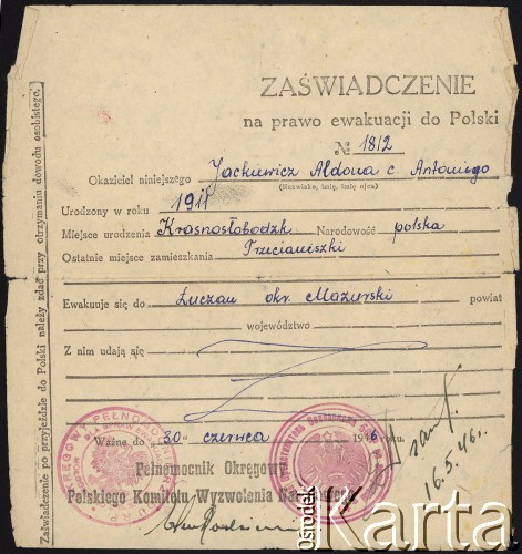 16.05.1946, ZSRR.
Dokument repatriacyjny Aldony Jackiewicz.
Fot. NN, zbiory Ośrodka KARTA, udostępniła Aldona Nikoniuk.

