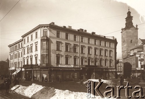 Luty 1912, Lwów, Austro-Węgry.
Ulica Hetmańska, szyldy na budynku: 