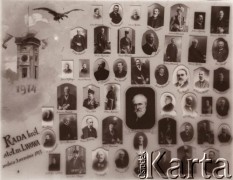 3.09.1914, Lwów, Austro-Węgry.
Zdjęcia członków Rady królewskiego stołecznego miasta Lwowa, tableau wykonano w dniu zajęcia miasta przez wojska rosyjskie. Na środku Portret dr Tadeusza Rutowskiego, prezydenta miasta podczas rosyjskiej okupacji - od 3 września 1914 do 22 czerwca 1915. Pozostali członkowie Rady: Julian Abrysowski, Maryan Andrzejowski, Ferdynand Kardasz, Konstanty Biernacki, Aleksander Bieniecki, dr Marceli Chlamtacz, Władysław Ciechulski, dr Teofil Ciesielski, dr Jan Dylewski, Michał Demeter, Edward Friedrich, Dyonizy Howarth, Walenty Halski, Emil Hingler, Tadeusz Hoflinger, Krzysztof Janowicz, Jan Ihnatowicz, Adam Kauczyński, Bolesław Lewicki, Romuald Kwiatkowski, Stanisław Majerski, dr Władysław Michejda, dr Szczepan Mikołajski, dr Stanisław Obmiński, Ferdynand Ohly, dr Filip Schleicher, dr Leonard Stahl, dr Jan Pieracki, dr Eugeniusz Piasecki, Mieczysław Paszkudzki, Edmund Philipp, dr Piepes-Poratyński, Eugeniusz Pierożyński, dr Zdzisław Próchnicki, dr Józef Starzewski, Adam Schneider, Karol Sklepiński, Ludwik Szafrański, Józef Schirmer, dr Władysław Stestowicz, ks. dr Stefan Szydelski, Józef Toczyski, dr Maksymilian Thullie, Szymon Michał Toepfer, Maksymilian Thom, Józef Wczelak, Walery Włodzimirski, Julian Zgórski.
Fot. NN, zbiory Ośrodka KARTA, udostępnił Jurij Karpenczuk