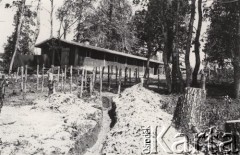1915, Lwów, Austro-Węgry.
Budynek w lesie, na pierwszym planie płytki okop i zasieki z drutu.
Fot. NN, zbiory Ośrodka KARTA, udostępnił Jurij Karpenczuk