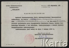 20.01.1982, Warszawa, Polska.
Prymasowski Komitet Pomocy Osobom Pozbawionym Wolności i Ich Rodzinom (Komitet na Piwnej) - zaświadczenie wystawione przez Kurię Metropolitalną Warszawską Janinie Okęckiej.
Fot. zbiory Ośrodka KARTA (udostępniła Janina Okęcka z Warszawy)
 
