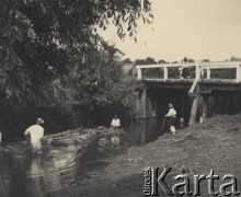 przed 1939, Krasnostawce, powiat Śniatyn, woj. Stanisławów, Polska
Kobieta i mężczyzna w wodzie, spław wikliny (sitowia?)
Fot. Stanisław Bober, kolekcję udostępniły Danuta Mordal i Ewa Szafrańska; zbiory Ośrodka KARTA 

