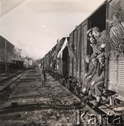 Grudzień 1945, Włochy.
Powrót żołnierzy Polskich Sił Zbrojnych do Polski. Polscy żołnierze w wagonach pociągu wracającego do kraju. Do wagonów przytwierdzone zostały kwiaty i flagi.
Fot. NN, zbiory Ośrodka KARTA, udostępnili Katarzyna i Tomasz Krzywiccy