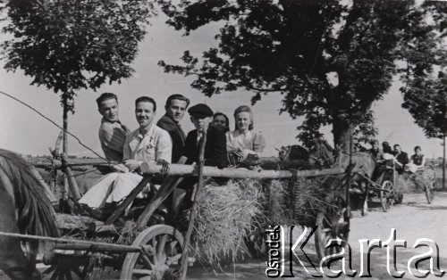 1940-1944, Radzyń Podlaski, woj. Lublin, Polska.
Młodzież z Radzynia jadąca wozami na majówkę.
Fot. Kazimierz Petrulewicz, zbiory Ośrodka KARTA, kolekcję rodziny Petrulewiczów udostępniły Halszka i Wanda Żuromskie
