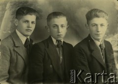 Druga połowa lat 30. do 1941, Kozienice, Polska.
Portret trzech chłopców w marynarkach, jasnych koszulach i krawatach.
Zdjęcie wykonane w atelier fotograficznym żydowskiego fotografa Chaima Bernemana. Przed wojną zakład mieścił się w Kozienicach na rogu ulic Warszawskiej i Maciejowickiej, przed wybuchem wojny albo już w czasie niemieckiej okupacji  został przeniesiony na ulicę Lubelską 13. Cała kolekcja jest datowana na okres od drugiej połowy lat 30-tych do roku 1941, kiedy Chaim Berneman wraz z rodziną został zesłany do obozu pracy w Wolanowie. Berneman zmarł po ucieczce z obozu.
Fot. Chaim Berneman (Chaim Berman), zbiory Ośrodka KARTA