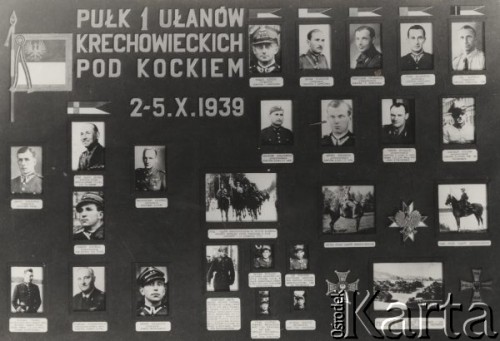 Brak daty, Polska.
Tablica pamiątkowa przedstawiająca żołnierzy 1 Pułku Ułanów Krechowieckich walczących w bitwie pod Kockiem (2-5.10.1939), m.in. rtm. Tomasz Mineyko, por. Leszek Filipczuk, ppor. Franciszek Fudakowski, por. Józef Malanowski, rtm. Jan Zagórski, ppor. Zbigniew Rymaszewski, ppor. Antoni Burlingis, ppor. Henryk Michalik, ppłk. Karol Anders, rtm. Janusz Komorowski, por. Włodzimierz Sołowski, ppor. Zygmunt Nowiński, por. lekarz med. Bolesław Sylwestrowicz, por. Henryk Szklarczyk, kpr. Stanisław Kęsik, plut. Wacław Kowalski, plut. Jan Kurowski.
Fot. NN, zbiory Ośrodka KARTA, przekazała Irena Lubańska