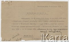 4.09.1946, Warszawa, Polska
Oświadczenie stwierdzające, że Jerzy Sobczyński otrzymał świadectwo małej matury w Polskim Gimnazjum i Liceum w Targoviste oraz był uczniem Polskiego Liceum Ogólnokształcącego w Calimanesti podpisane przez prof. Hanryka Luciaka.
Fot. NN, zbiory Ośrodka KARTA, udostępniła Wanda Zatryb
